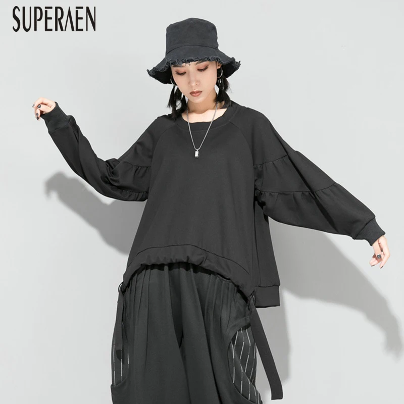 SuperAen/женские футболки в европейском стиле; Новинка года; сезон осень; женские футболки из хлопка с круглым вырезом; однотонные топы с длинными рукавами для женщин