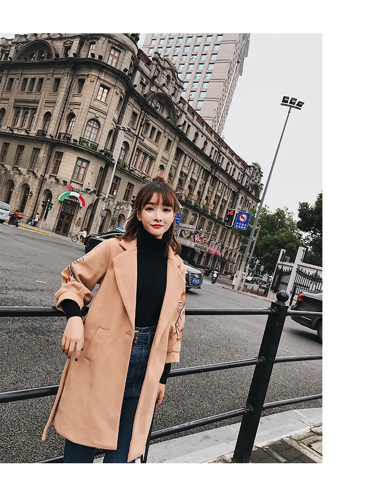 F6174 Южная Корея Dongdaemun осень и зима стиль вышитая лампа рукав шерстяная Женская куртка длинный Дафлкот
