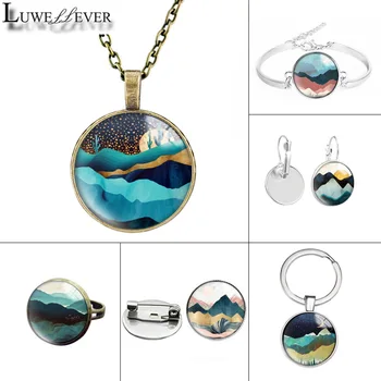 

Luwellever 587 Mountain Glass Necklace Bracelet 25mm Double Sided Round Glass Cabochon Jewelry For Unisex Charm Pendant