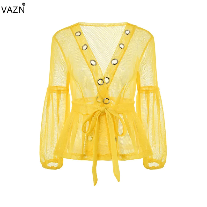 VAZN FLS5093 новые сексуальные кружевные шифоновые прозрачные желтые кружевные открытые строчки с длинным рукавом для женщин Джокер необычные мини-верхняя одежда