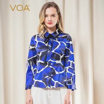 

VOA Satin 28mm Blue Bottom Printed Silk Lace-up Bow Georgette Joint Single Breasted Long-sleeved B9552