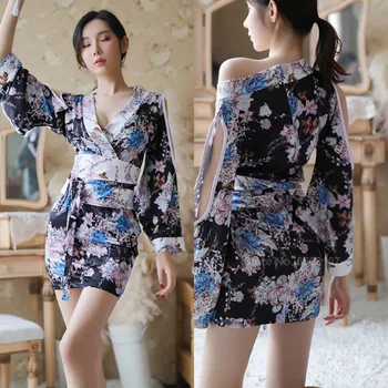 

Women Satin Kimono Robe Short Sexy Nightgown Vintage Japanese Style Polyester Yukata Dresses With Belt Hollow Out V-neck Clothes