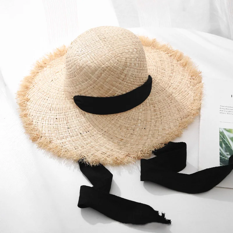 Летние женские шляпы из дышащей рафии с большими полями, соломенные пляжные шляпы от солнца, крутая Дамская уличная Солнцезащитная шляпа, Женская Складная Кепка От Солнца - Цвет: Black