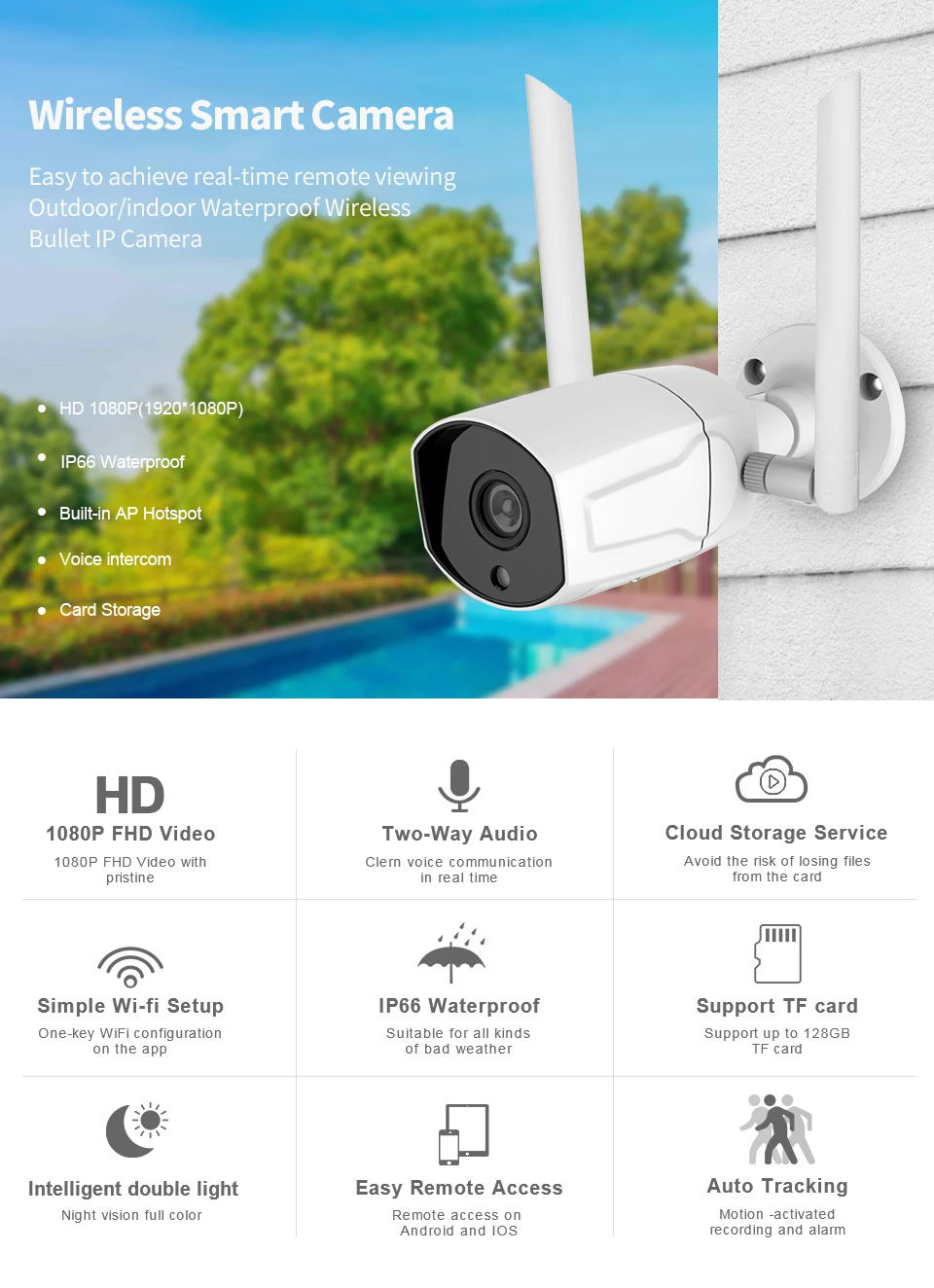 WiFi наружная камера безопасности, 1080P красочная камера видеонаблюдения ночного видения, двухсторонняя аудио, обнаружение движения, IP68 водонепроницаемый+ 32G SD