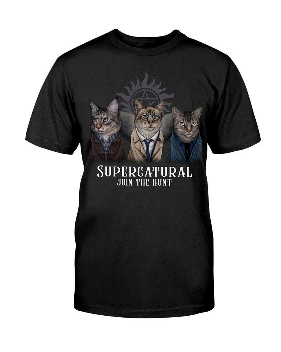 We Are Supernatural Cat Join The Hunt Sam Dean And Castiel Parody черная футболка дышащие мужские топы |