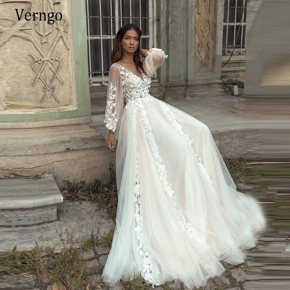 Verngo Boho A Line Wedding Dress Sheer Puff Long Sleeves V Neck 3D Flowers Garden Bridal Gowns