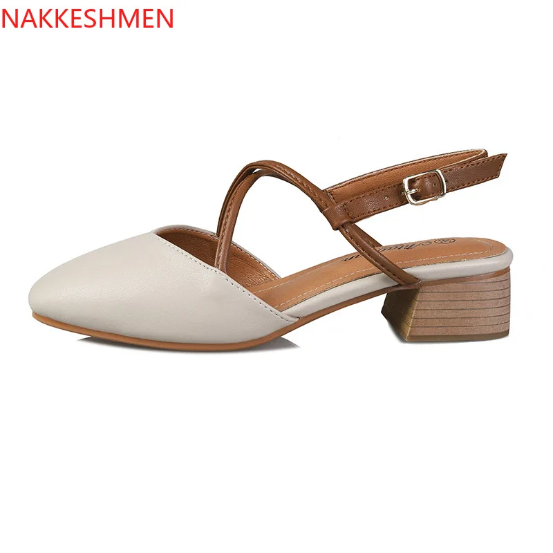 

New Style Sweet Banquet Skinny Women's Shoes with Thick Flat Heel and Shallow Mouth Baotou Crossed Sandals after Overstepping