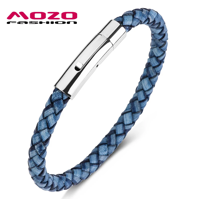 Модный женский браслет в стиле ретро с синими кожаными кнопками из нержавеющей