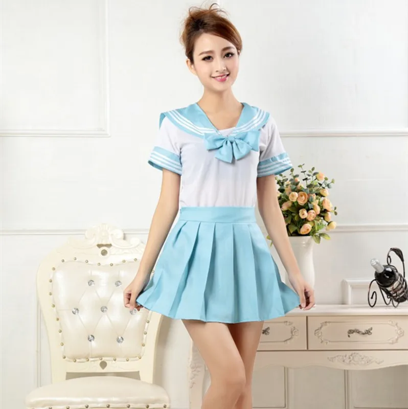 sky blue 7 цветов японская школьная форма Аниме COS костюм моряка Топы+ галстук юбка JK темно-синий Стиль студентов Одежда для девочек - Цвет: sky blue