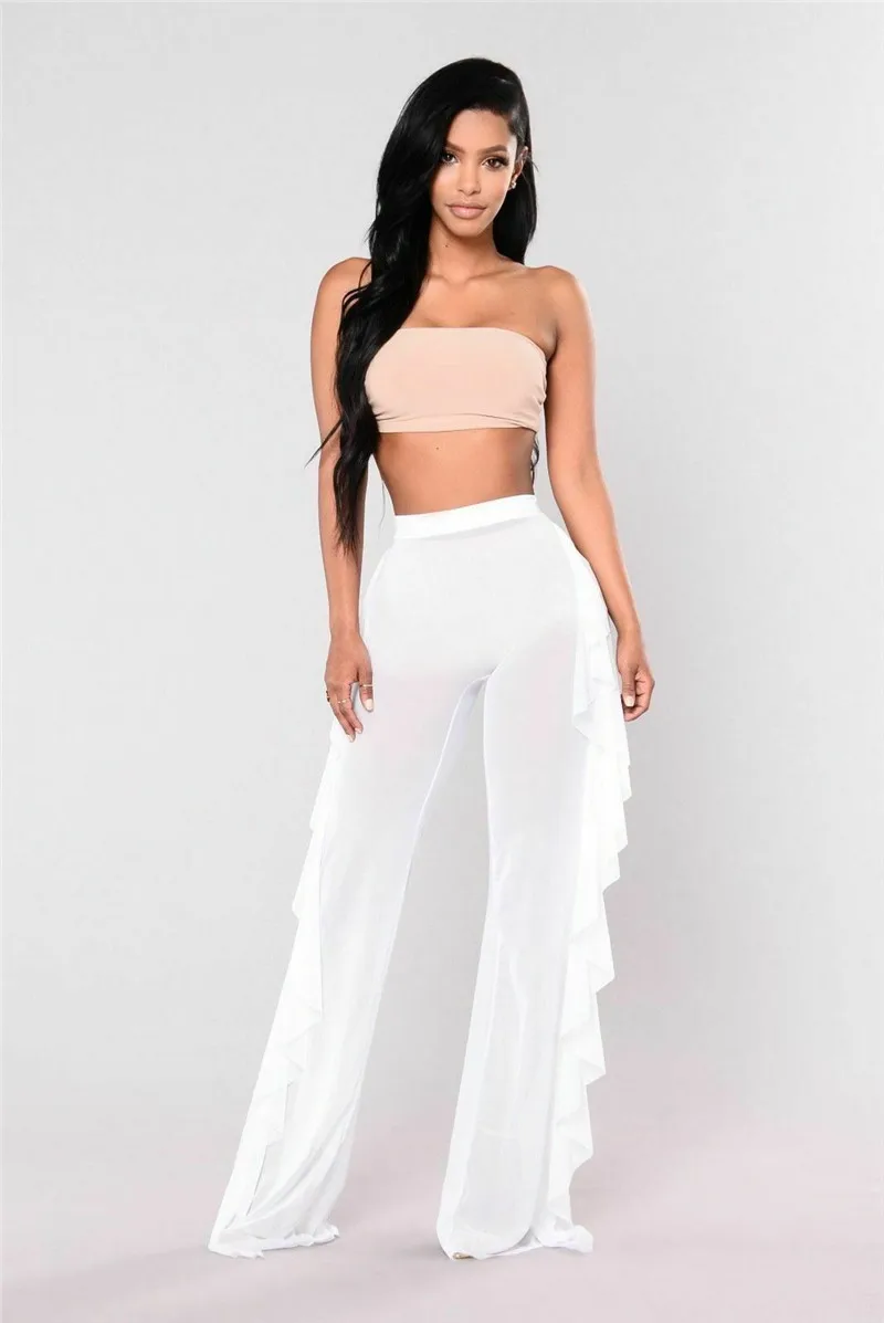 New Sexy Ruffle Women Beach Mesh Pants Sheer Wide Leg Pants Transparent See  Through Sea Holiday Cover Up Bikini Trouser Pantalon