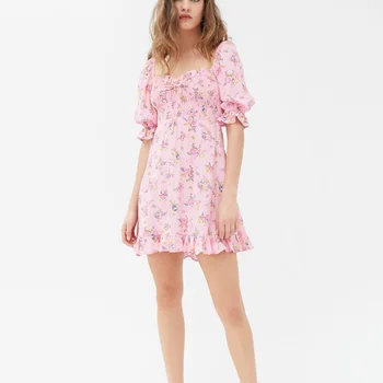 

Casual Vacation Dress Beach Floral Pleated Puff Sleeve Ruffles Dress Women Sweet Square Collar Vintage Printed Mini Dress