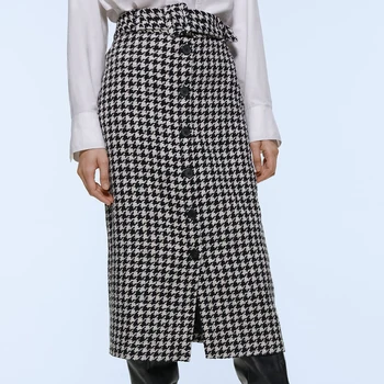 

2019 ZA Autumn and Winter Bag Hip Skirt Houndstooth High Waist Black and White Grid Straight Skirt to Send the Same Color Belt