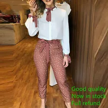 

Pants Set Casual Women Two Piece Set Outfits Office Workwear Print Tied Detail Top & Polka Dot Sleeve Style Clothing Length Age