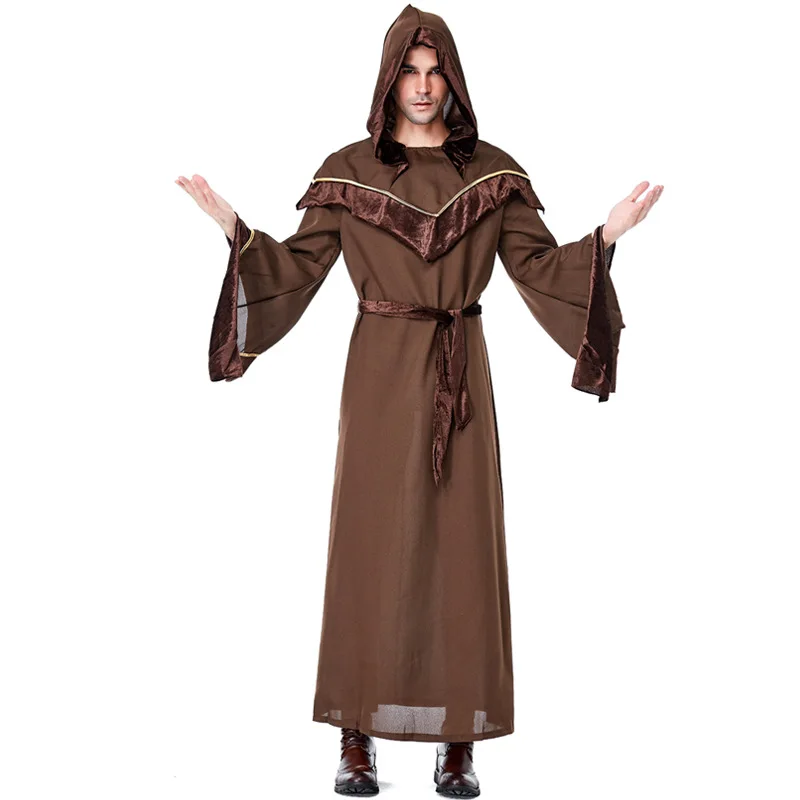 

2019 New Medieval Costume Men Women Vintage Renaissance Monk Cosplay Cowl Friar Priest Hooded Robe Rope Cloak Cape Clothing