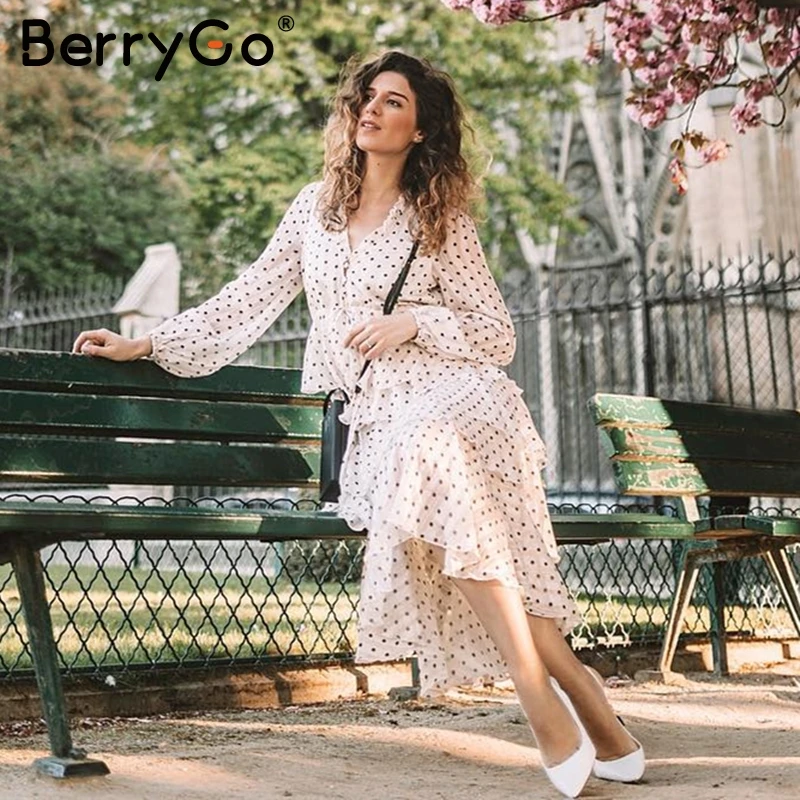 BerryGo Просто, элегантно в горошек шифоновое платье для женщин с длинным рукавом гофрированные Длинные платья торта Женские винтажные женские вечерние платья vestidos