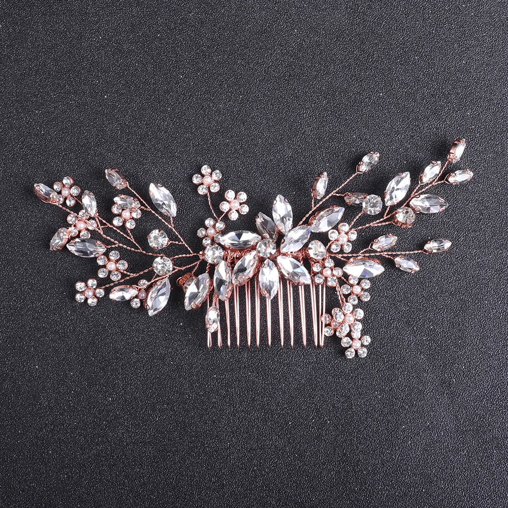 Silver Rose gold Rhinestone Hair Comb Hair Accessories For Women Wedding Accessories Party Flower Head Jewelry Bridal Headwear