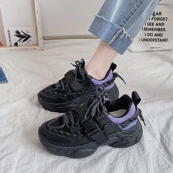 

Platform Sneakers For Women 2020 Autumn Fashion Chunky Casual Shoes Brand Woman 5cm High Vulcanized Shoes Tenis Female Black