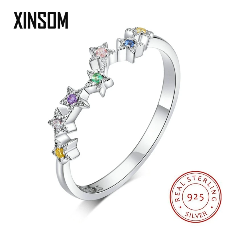 

XINSOM 100% Real 925 Sterling Silver Rings For Women Rainbow CZ Micro Pave Star Female Finger Rings Fine Jewelry Gift 20XS1234