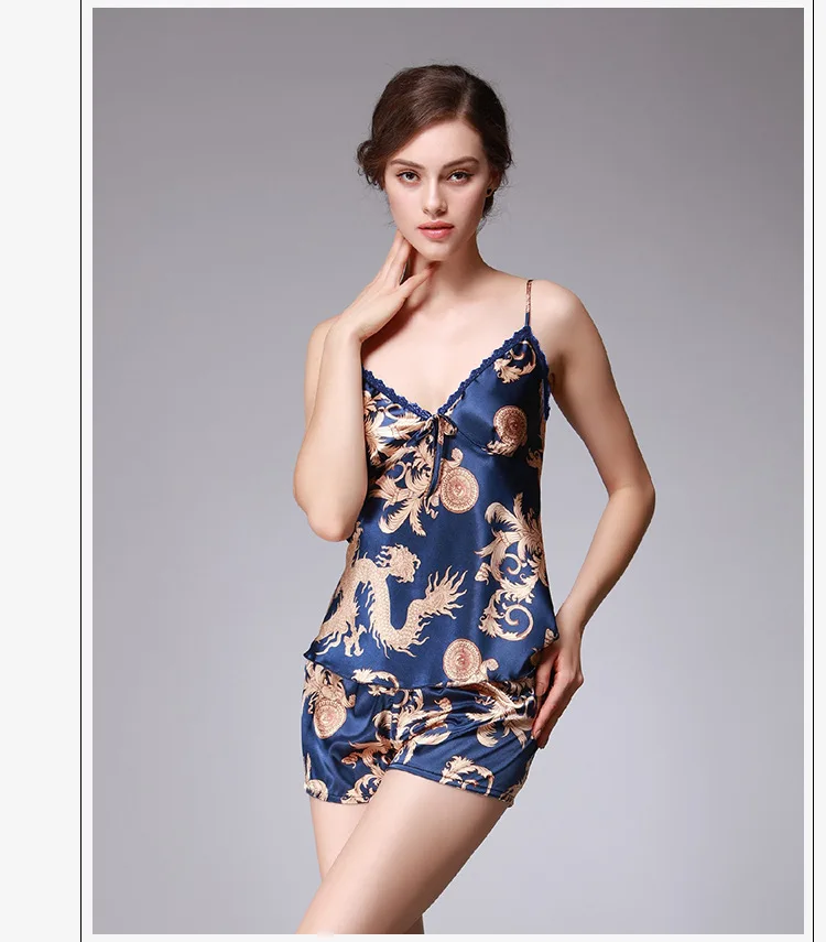 Для женщин сна лаунж-Пижама комплект сексуальная сатиновая Ночная сорочка женская летняя Пижама пижамный комплект Модные женские ботинки черного цвета; Пижама с цветами для Для женщин с нагрудными вкладышами