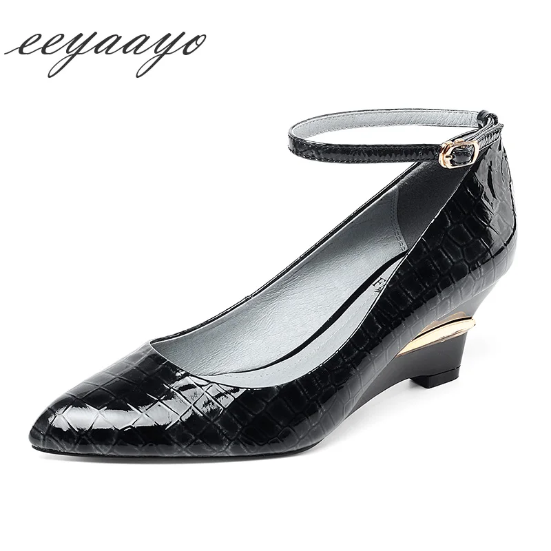 

2019 New Autumn Genuine Leather Women Pumps High Wedge Heel Pointed Toe Buckle Shallow Sexy Ladies Women Shoes Black High Heel
