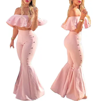 

Off Shoulder Ruffle Crop Tops Top Flare Pants Sets 2 Piece Set Sweet Women Sexy Two Piece Matching Sets