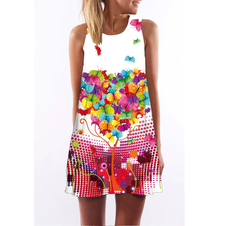 

2018 Ozhouzhan Europe And America New Style Retro Digital Printing Crew Neck Hot Selling off-Shoulder Medium-length Vest Dress