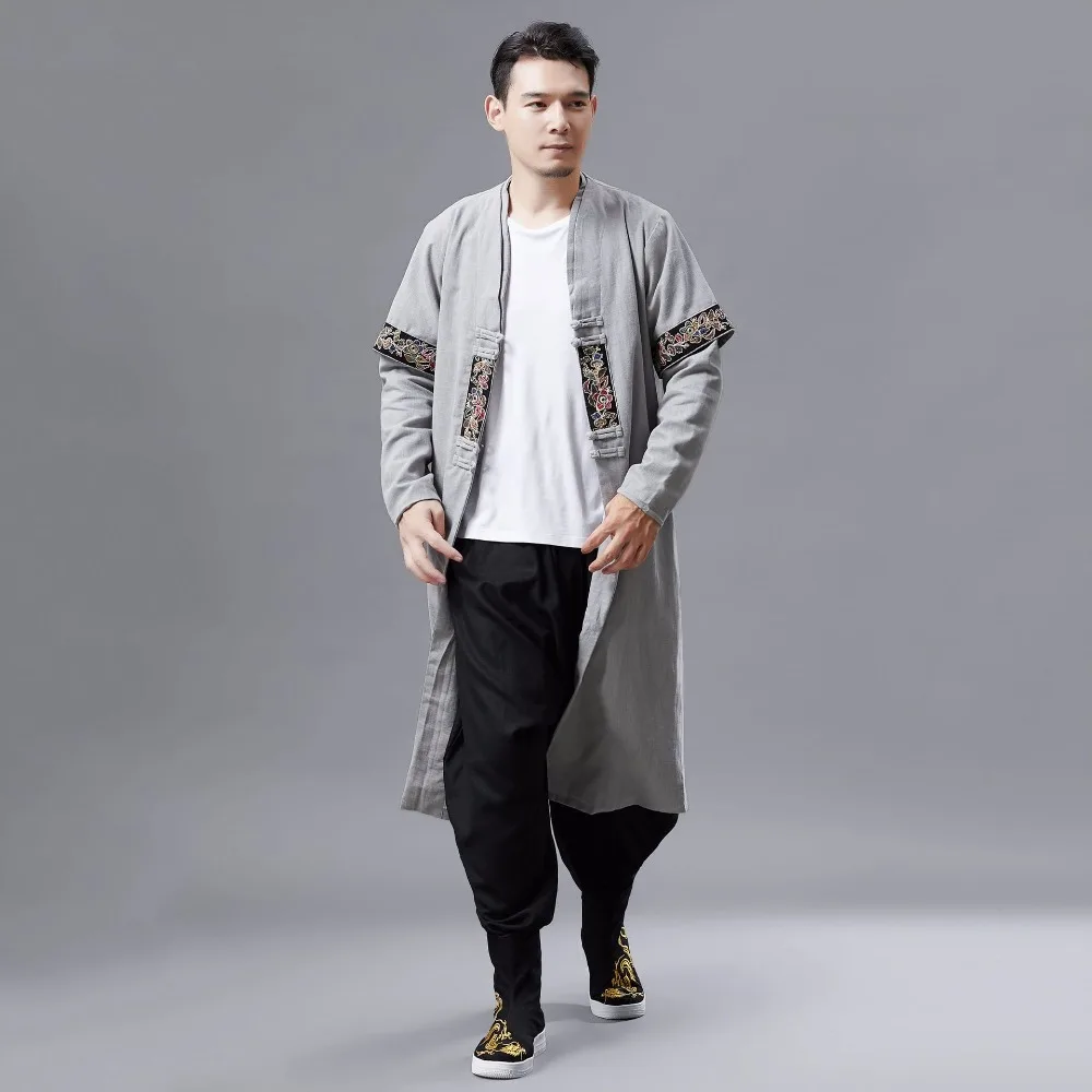LZJN 2019 Men Autumn Trench Coat Cotton Linen Longline Long Sleeve Jacket Chinese Frog Buttons Outfit Overcoat with Pockets (25)