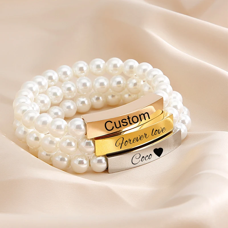 

Customized Name Imitation Pearl Beads Bracelets Stainless Steel Custom Engrave lettering Name ID Bracelet for Women Men Jewelry