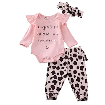 

0-18M 3PCS Newborn Infant Baby Girl Clothes Set Off Shoulder Pink Ruffle Romper Leopard Pants Leggings Headband Outfit