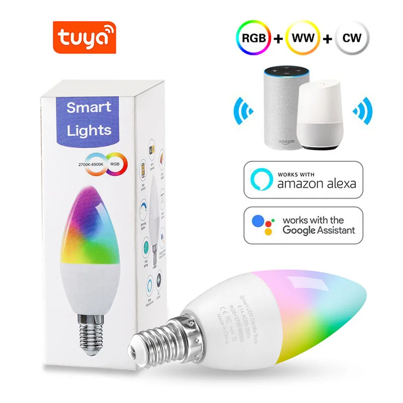 Tuya E14 Smart WiFi Light Bulb 5W RGB+W+C Dimmable LED Lamp 110 240V AC Timer Voice Control Magic Bulb for Home Outdoor Decor