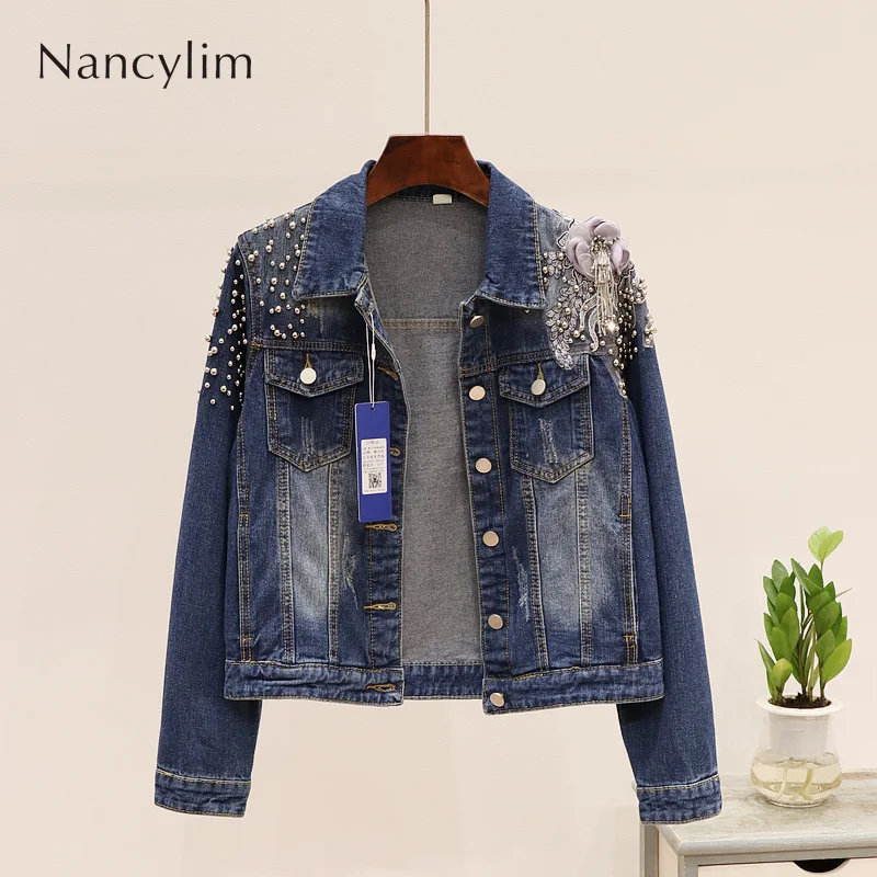

Short Blue Denim Jacket for Female 2019 Autumn New Fashion Hand Bead Frayed Stereo Flower Short Denim Jacket for Women Coats