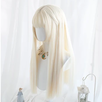 

General Daily Lolita Cosplay Wigs High-temperature Fiber Synthetic Hair Beige Long Natural Straight Hair+free hair net