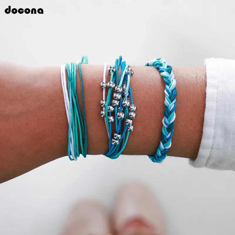 Docona Boho Небесно Голубой плетеный шнур женский многослойный Шарм браслет дружбы