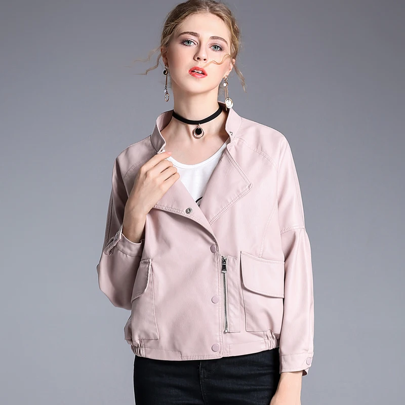 Punk Short Pu Leather Jacket Women Slim Zipper Faux Leather Jacket Single Breasted Black Pink Leather Female Coat