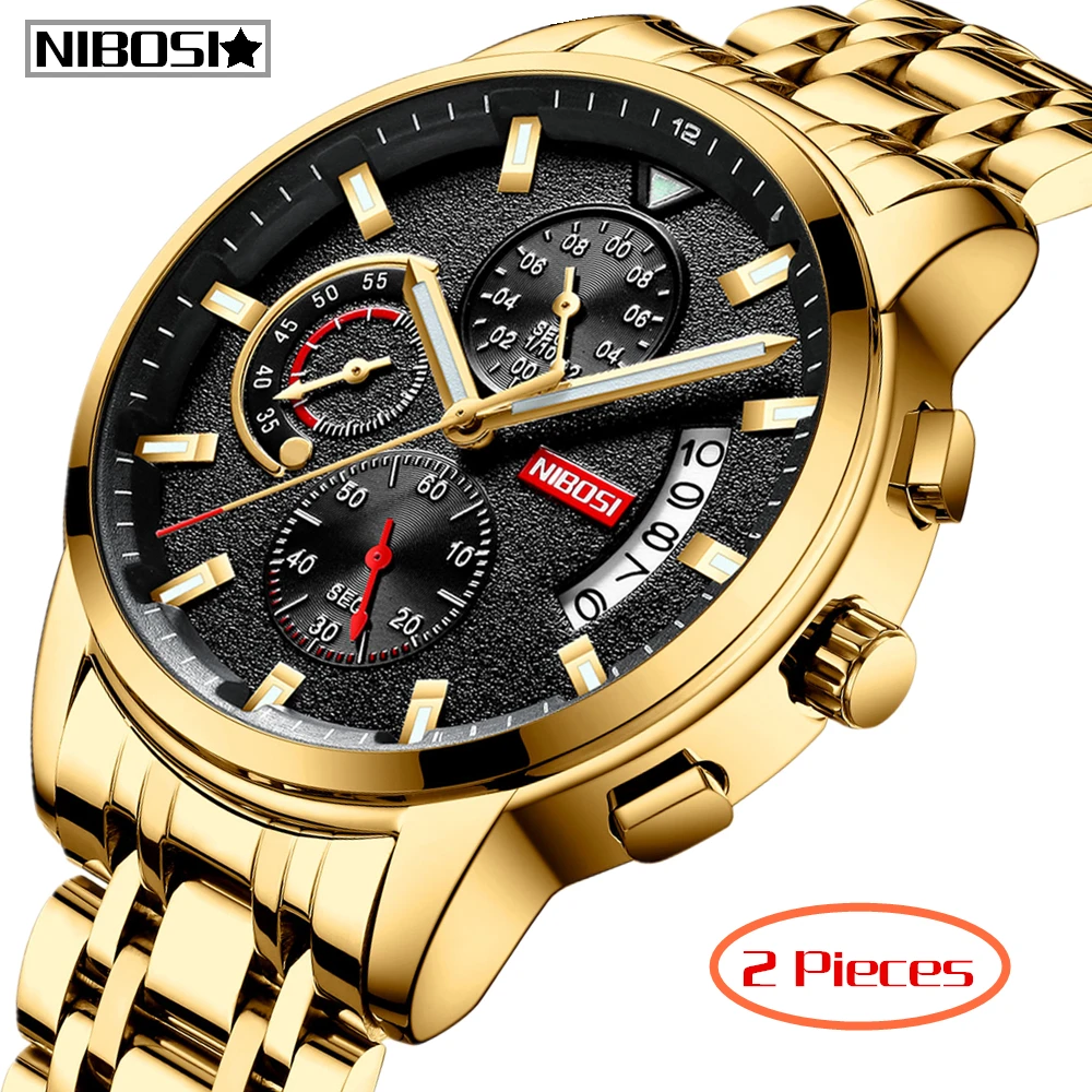 

2Pcs NIBOSI Watch Men Luxury Quartz Steel Mens Watches Top Brand Luxury Chronograph Clock Gold Dial Man Watch Luxury Wristwatch