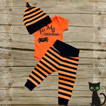 

Newborn Infant Baby Boy Girls Clothes My 1st Holloween Short Sleeve Playsuit Romper+Stripe Pants+Hat Clothes
