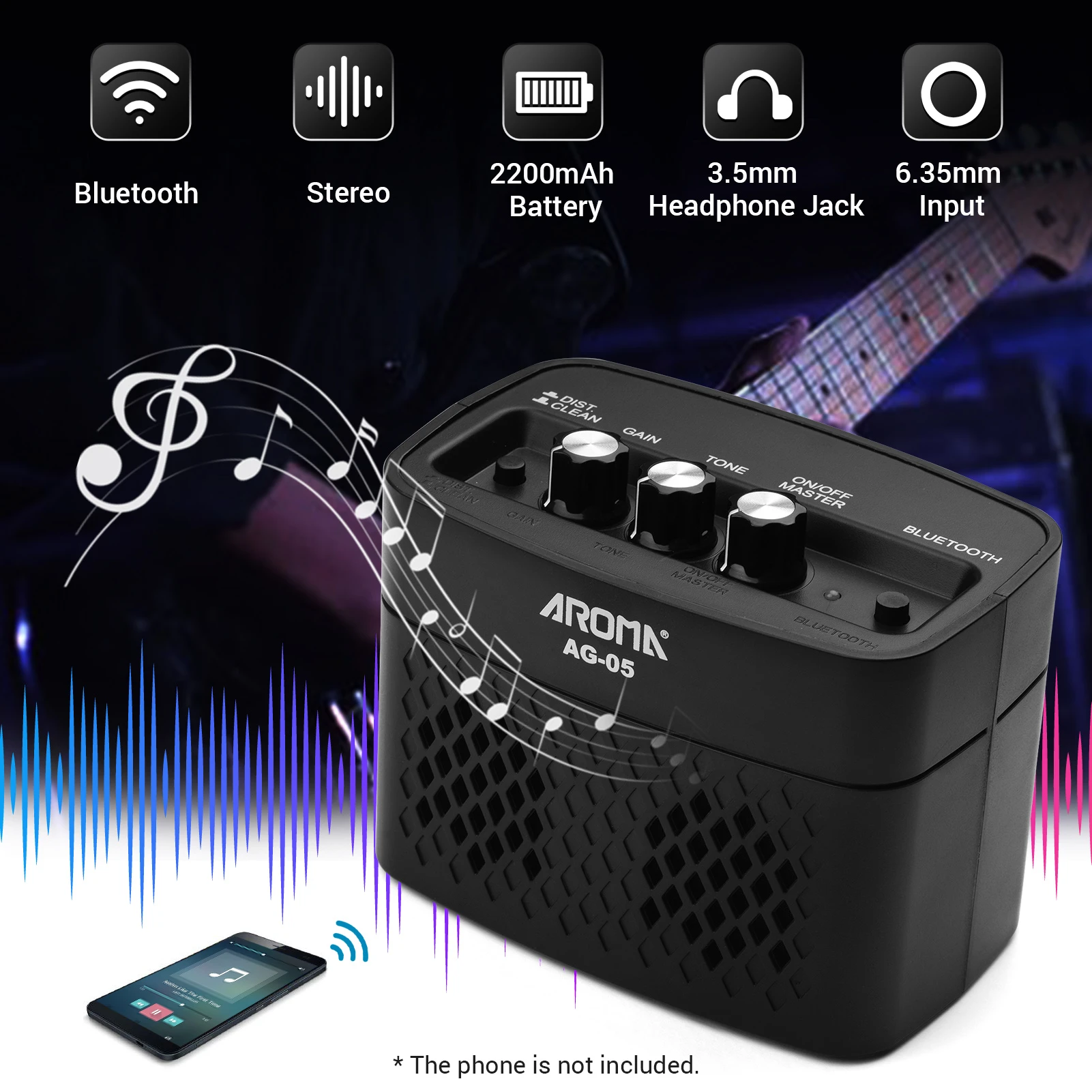 AROMA AG 05 amplificador de guitarra compatible con Bluetooth, salida  estéreo de 5 vatios, distorsión, Control de ganancia de tono con batería  recargable|Partes y accesorios de guitarras| - AliExpress
