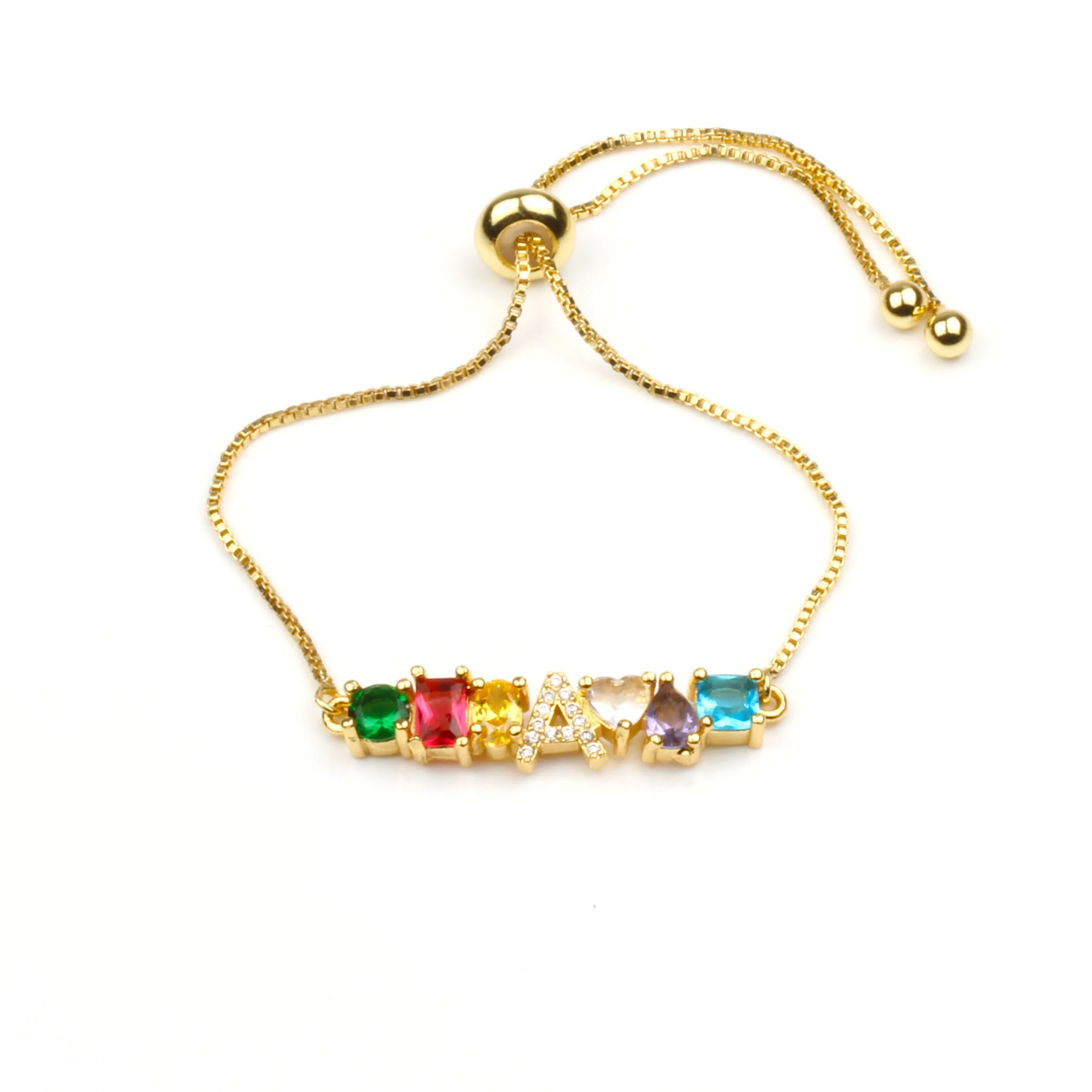 Hot Trendy Women Gold Color Bracelet New Rainbow Cubic Zircon A-Z Letter Initials For Women Charm Bracelet Jewelry Accessories - Окраска металла: A