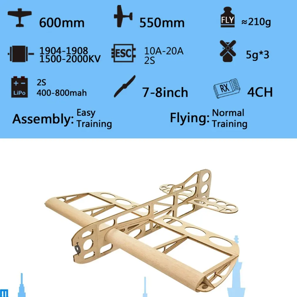 

Balsa Wood Training Plane 600mm Wingspan Biplane RC Airplane Aircraft Woodiness Model Toys DIY KIT/PNP for Kid