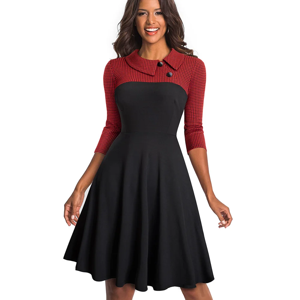 Black and Red grid Alyowangyin, 65% хлопок,, новая мода, женское осеннее платье с воротником и пуговицами, платье трапециевидной формы, деловые вечерние женские платья RA136 - Цвет: Black and Red grid
