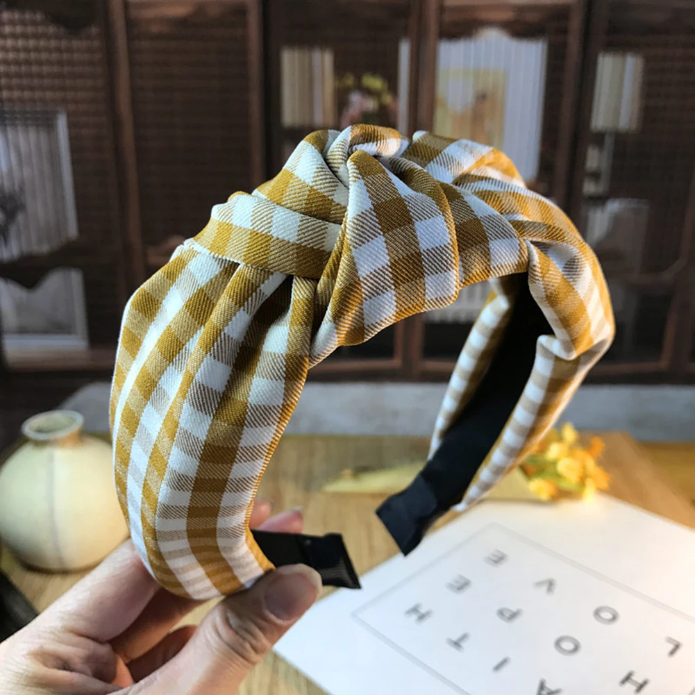 Цвет: желтый Fresh And Literary Check Pattern Print Headband Knotted Bow Wide Head Hoop Women Hair Accessories Girl Headwear Headdress - Цвет: Цвет: желтый