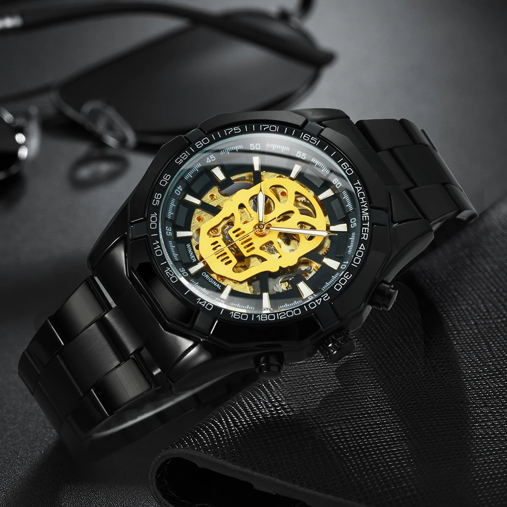 WINNER-reloj dorado automático oficial para hombre, pulsera mecánica con correa a la moda, Calavera, de lujo, venta al por mayor - Imagen 5