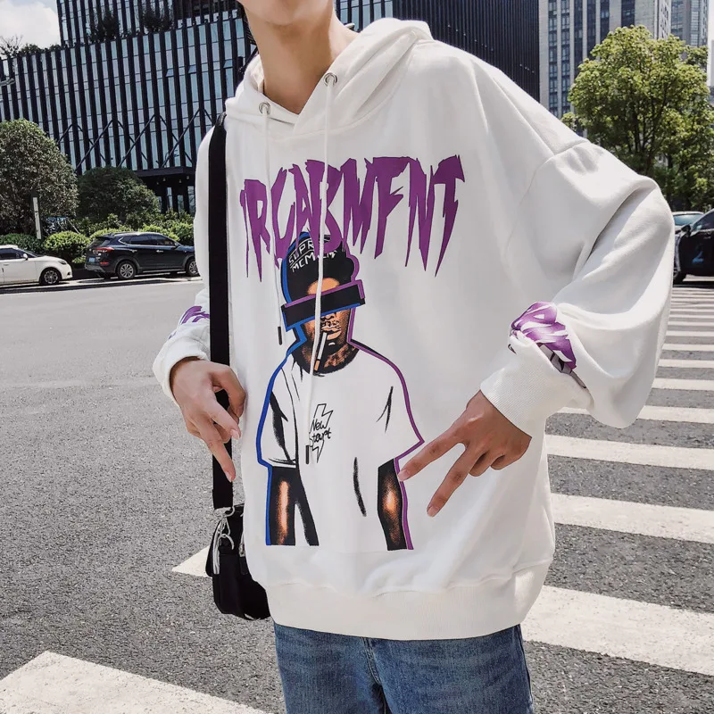 

2019 Men's Summer New Casual Pattern Printing Long-sleeved Hooded Loose Temperament Trend Cotton Hoodies Harajuku