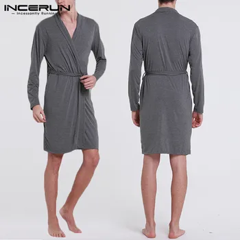 

INCERUN Fashion Men Robes Plain Comfortable Long Sleeve Soft Pajamas Casual Bathrobes Men Kimono Nightgown V Neck Homewear S-5XL