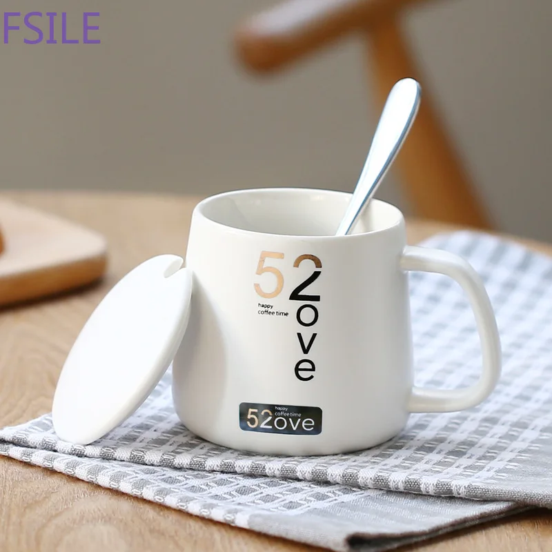 Fsile 400ml Creative 520 Couple Ceramics Coffee Mug with Lid Milk Breakfast Mugs Home Office Cup Coffee Tea Cups Gift Gift Box
