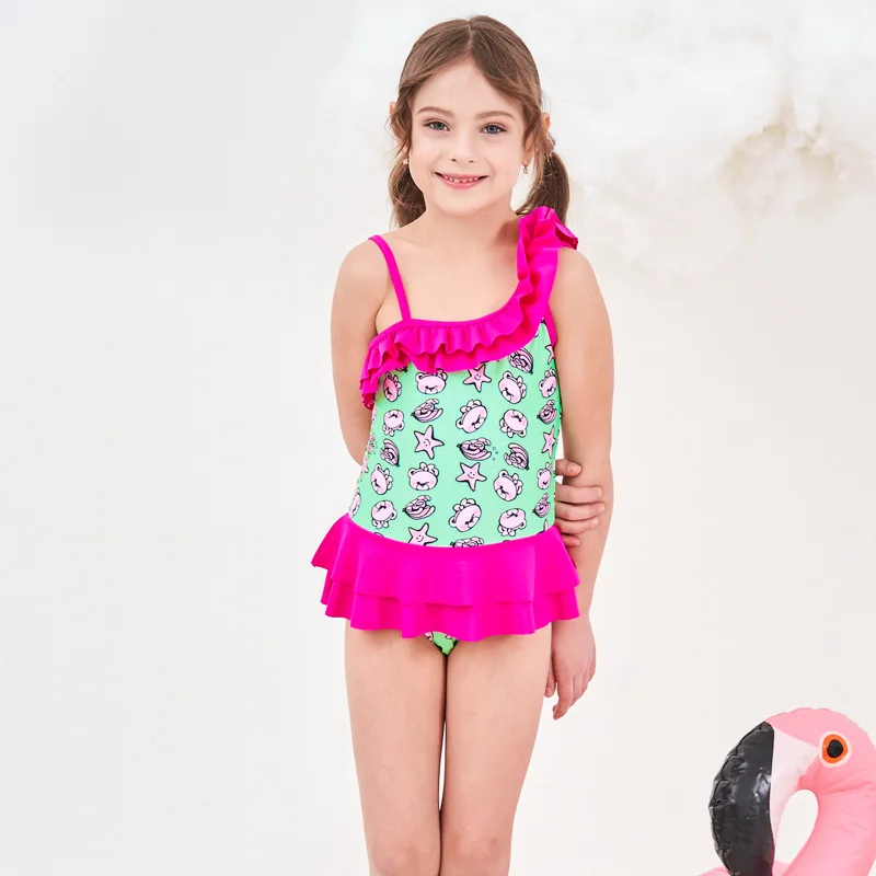 

2019 New Baby Girl Swimsuit Children One Piece Swimwear Pretty Flounce One Shoulder Ruffled Swimsuit Age 3-8 Years
