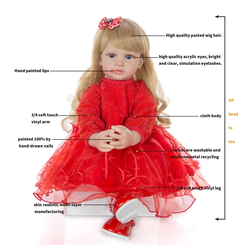 Presente de Aniversário Polegada Elegante Reborn Bebê Menina Boneca Vinil Macio Pano Vermelho Corpo Silicone Atacado Como Crianças Natal - 24 60cm 12 ????(9)