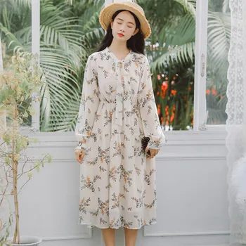 

Spring Autumn Dress Long Thin Section Loose V-neck Lace Floral Long-sleeved Women Temperament pastoral fresh fairy Dress