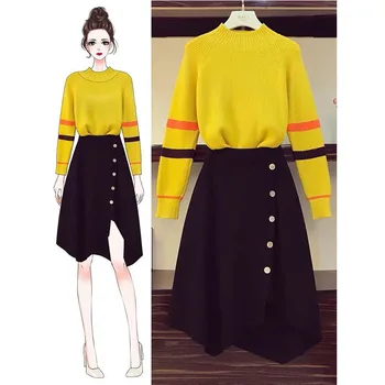 

sweater suits women skirt two piece set Women Sweater Pullover + skirt 2 piece set shiny Knitted midi dress Slim sweater suit