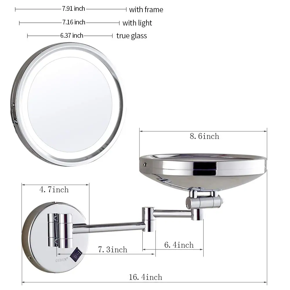Gurun LED Makeup Mirror 2017 New arrival Mirror surface can be turned fixed on the wall 3